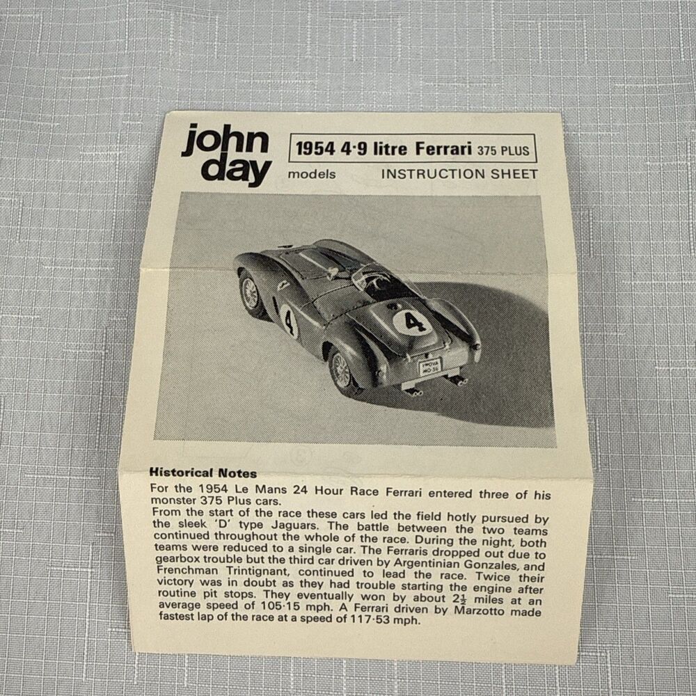 JOHN DAY 1954 4.9 L FERRARI ORIGINAL BOX INSTRUCTIONS NO DECALS